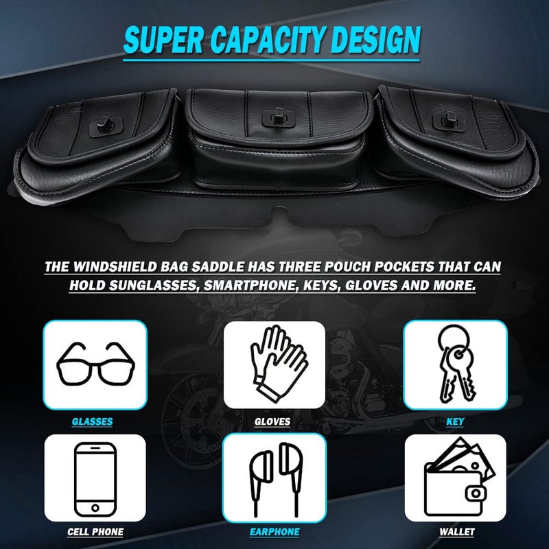 KATUR Motorcycle Windshield Bag Pouch PU Leather with Magnetic Closures Compatible with Harley Touring Street Glide Electra Glide Windshield Bags 1996-2013 - Image 3